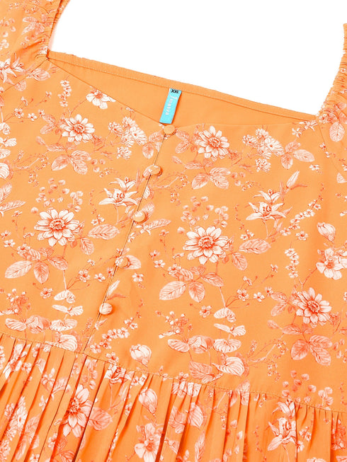Plus Size Orange Georgette Floral Printed Tiered Dress